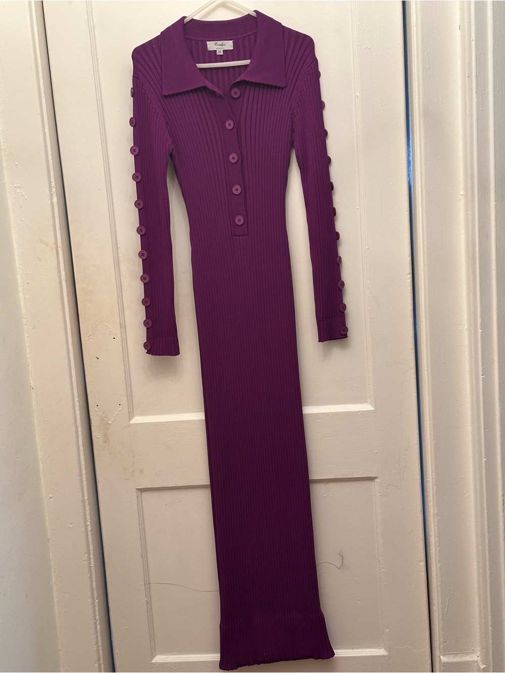 Vintage Hanifa Plum Ribbed Button-Front Maxi Knit Sheath Dress.